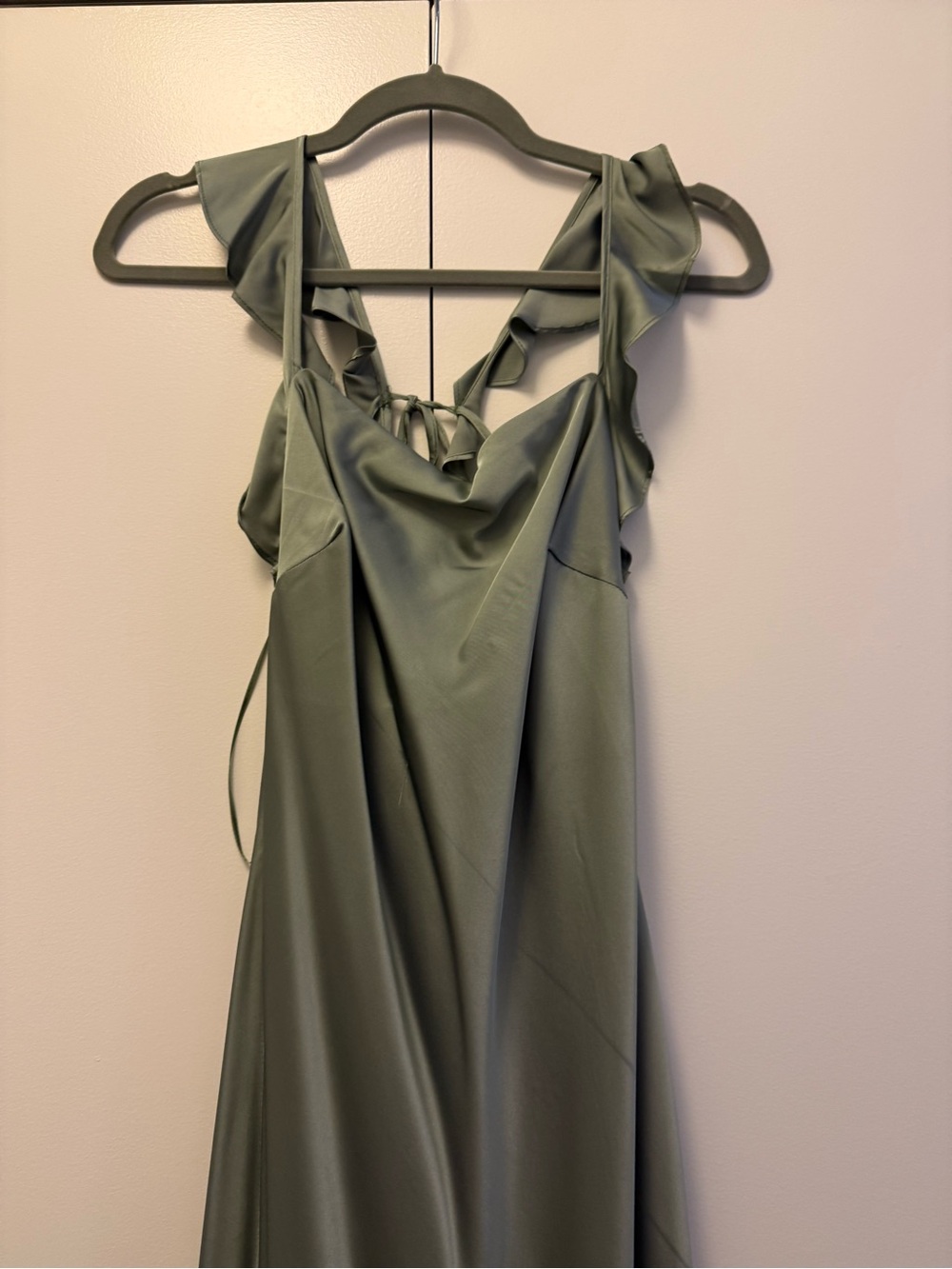 Astr Satin Ruffle-Shoulder Maxi Dress in Olive
